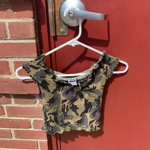 a camouflage off the shoulder tight crop top